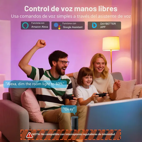Vista 2 de DAYBETTER Bombillas inteligentes, bombilla inteligente compatible con Alexa y Google Home, A19 E26 2.4G WiFi Bluetooth Alexa, bombilla LED RGBCW que