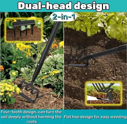Vista 2 de Ihomepark Azada de jardín, azada de estribo con mango ajustable para excavadora de deshierbe aflojando el suelo, azada de cultivo de jardín
