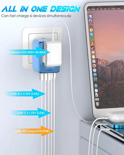 Vista 3 de Adaptador universal de viaje, carga rápida PD de 35 W, 5 puertos USB C/A 2500W AC Outlet, International Power Adapter for Europe UK US AU 200+