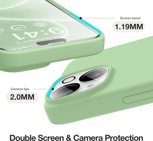 Vista 6 de GONEZ Funda para iPhone 15, funda de silicona líquida con [1 protector de pantalla + 1 protector de lente de cámara], forro de microfibra suave Verde