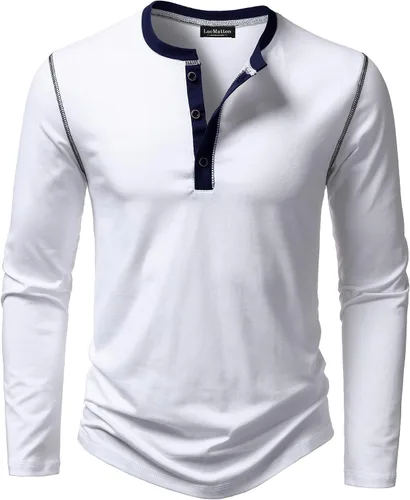 Vista 14 de LucMatton Camiseta de manga larga para hombre, ajuste entallado, elástica, estilo Henley, casual, con solapa de 3 botones