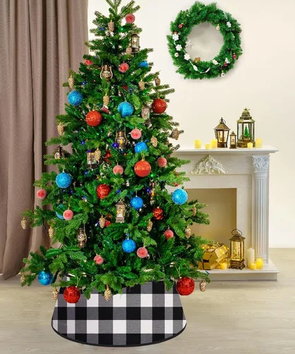 Vista 5 de FANPROMS Collar de árbol de Navidad en blanco y negro de 24 pulgadas, diseño de búfalo a cuadros, bordado de terciopelo, falda de árbol, decoración