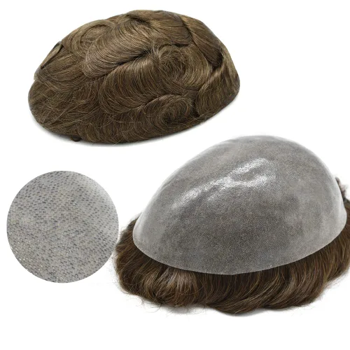 Vista 17 de Tupé para hombre de piel fina con inyección de poliuretano para hombre, unidad de peluca de cabello humano natural real, sistema de repuesto