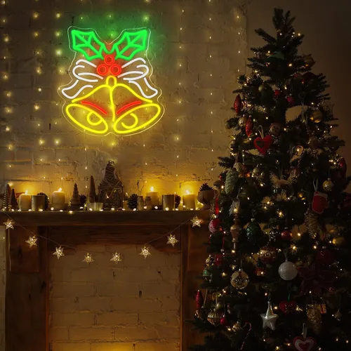 Vista 6 de Xuhal Letrero de neón de campana de Navidad, luces de neón de Navidad, señal LED iluminada por USB para decoración de pared, barra, sala de estar