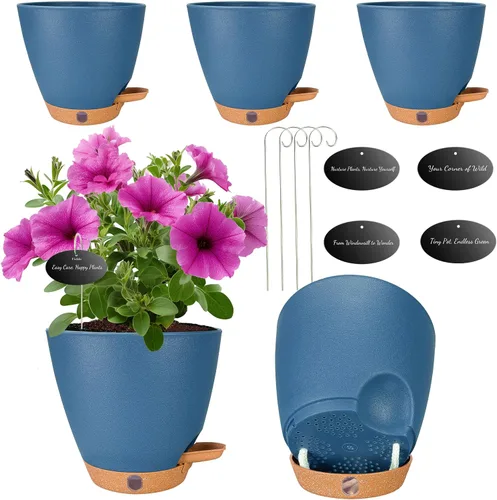 Vista 14 de Paquete de 5 macetas de riego automático de 6 pulgadas para plantas de interior, macetas pequeñas de plástico con indicador de nivel de agua
