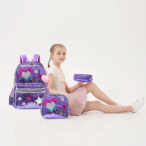 Vista 23 de Mochila para niñas de 16 pulgadas, mochilas para niñas para la escuela, mochila de lentejuelas con lonchera para estudiantes de primaria