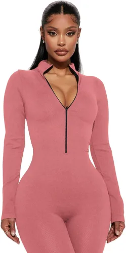Vista 2 de YETOWA Enterizo ajustado de una pieza para mujer, cuello alto, manga larga, con cremallera, ropa de club