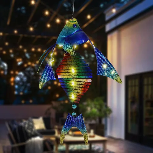 Vista 7 de Luces solares de peces para exteriores, faroles colgantes de metal, luces decorativas para patio trasero, porche, patio, balcón, tipi, camino.