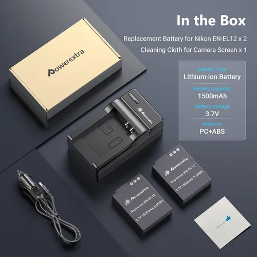 Vista 8 de Powerextra EN-EL12 Batería y cargador 2 unidades compatibles con Nikon Coolpix A1000, B600, Coolpix AW130, A900, W300, S1200pj, S9900, S9500, S9300