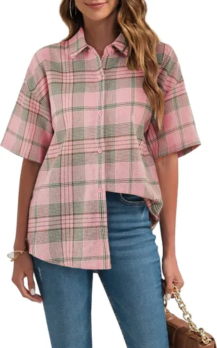 Vista 2 de Camisas de manga corta a cuadros para mujer, camisa con botones, blusa casual de verano