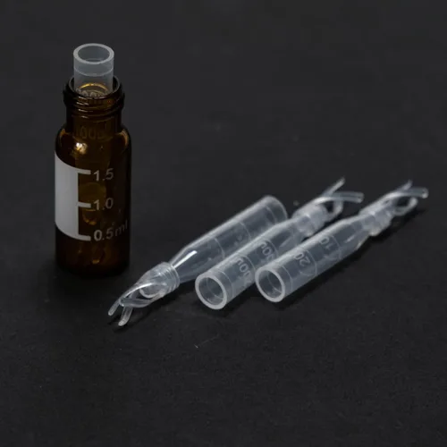 Vista 2 de Insertos de polipropileno microvolumen 340ul base cónica con Polyspring HPLC GC Vial PP Inserto para muestra sensible a PH, paquete de 100