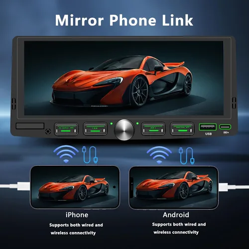 Vista 7 de Radio de pantalla táctil de un solo DIN con Apple CarPlay inalámbrico y Android Auto, estéreo de coche IPS de 6.9 pulgadas con Bluetooth, Mirror