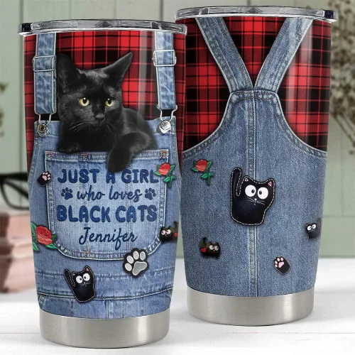 Vista 4 de SANDJEST Vaso personalizado de gato negro con texto en inglés «Just A Girls Who Loves Cat», vasos de 20 onzas y 30 onzas con tapa, regalo