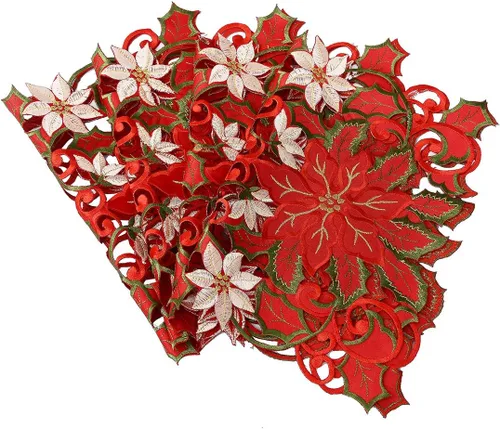 Vista 3 de Simhomsen - Juego de 4 manteles individuales con bordados de flor de Pascua de Navidad, 12 x 18 pulgadas