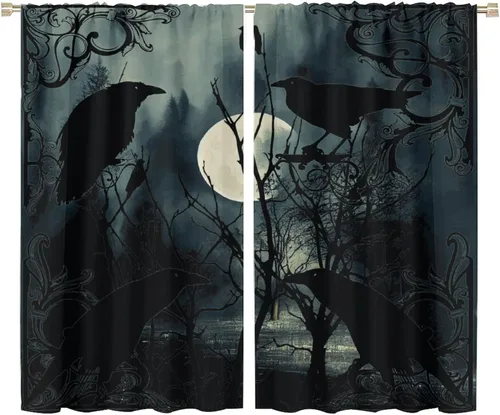 Vista 19 de Cortinas góticas rústicas con estampado de cuervo de bosque brumoso, rama, luna, bolsillo para barra, cortinas de ventana para dormitorio, sala