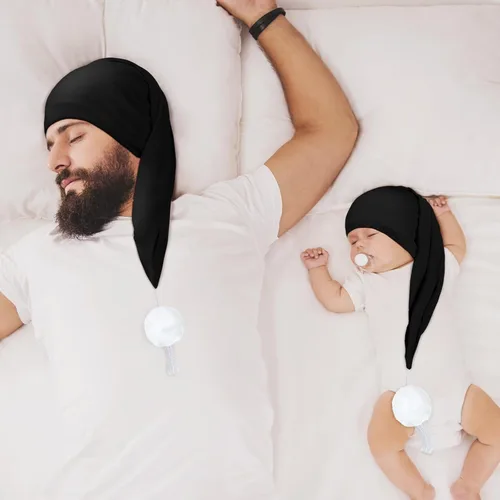 Vista 5 de Geyoga Gorro de dormir de noche de seda ajustable con cordón ajustable para hombre con bola de pompón para uso diario Negro
