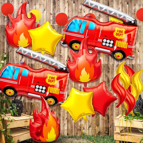 Vista 7 de Juego de 18 globos de camión de bomberos, decoraciones de fiesta de cumpleaños de bomberos con camión de bomberos, globos de estrella de llama