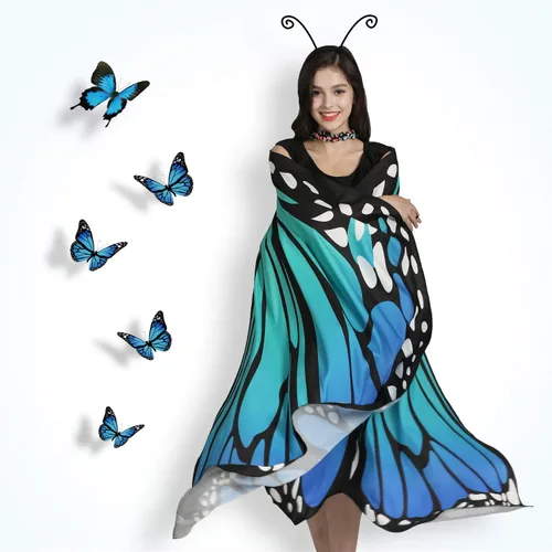 Vista 4 de Jeicy Halloween Butterfly Wings Shawl Fairy Lady Cape Nymph Pixie for Women Girls Halloween Costumes with Antenna Headband