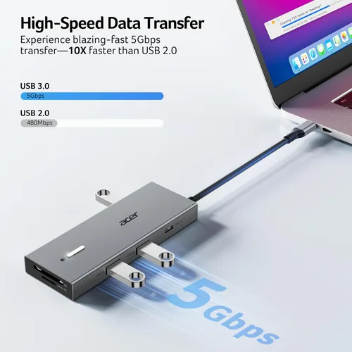 Vista 7 de Acer Estación de acoplamiento USB C con monitor dual con 2 HDMI, estación de acoplamiento para laptop 9 en 1 con HDMI 4K@60Hz, USB A y C 3.0