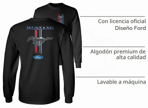 Vista 4 de Ford Mustang Pony Racing Stripe 5.0 Muscle Cars Camiseta de manga larga con estampado delantero y trasero Negro