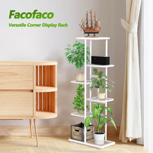 Vista 6 de Soporte para plantas de 6 niveles y 7 macetas para interiores con herramientas y guantes de jardinería, organizador de estantes de metal esquineros