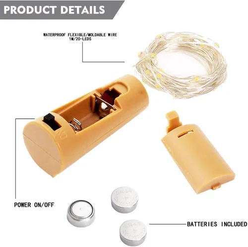 Vista 6 de Luces para Botellas Paquete de 12, 20 LEDs Luces de Corcho para Botellas de Vino con Batería (Incluida) Mini Luces de Cadena de Hadas