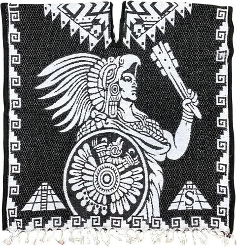 Vista 4 de Del Mex Auténtico Poncho Mexicano Cobija Gaban Manta - Blanco y Negro