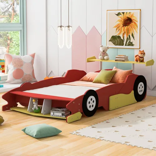 Vista 10 de Cama de plataforma en forma de auto de carreras de tamaño individual con ruedas, plataforma de madera con soporte de listones resistentes y rieles