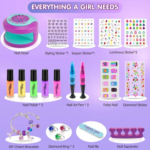 Vista 9 de Juego de esmaltes de uñas para niñas, kit de arte de uñas DIY con secador de uñas, uñas postizas, pegatinas de uñas, esmalte de uñas despegable,