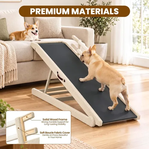Vista 5 de Rampa para perros para cama, rampa de madera ajustable para mascotas de 46 Beige