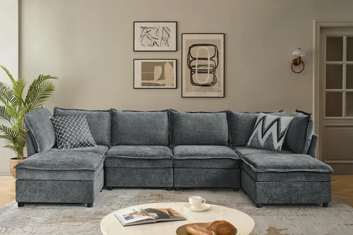 Vista 14 de HULALA HOME Sofá seccional modular, sofá grande en forma de U de 8 asientos con otomano de almacenamiento, sofá cómodo de chenilla con asiento