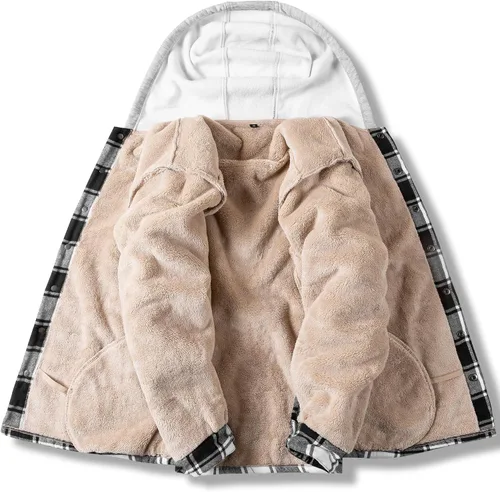 Vista 2 de IVUMA Camisas de algodón a cuadros de manga larga para hombre, chaqueta de franela con forro polar, camisas de franela Sherpa con botones y capucha
