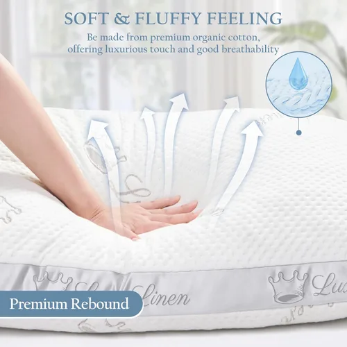 Vista 2 de Almohada de cama de algodón orgánico tamaño estándar Almohada ajustable de espuma viscoelástica triturada para dormir lateral y estómago, paquete