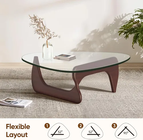 Vista 7 de Mesa de café triangular de vidrio moderna, con vidrio transparente vintage y base de madera maciza, mesa auxiliar para sala de estar, oficina, Nogal