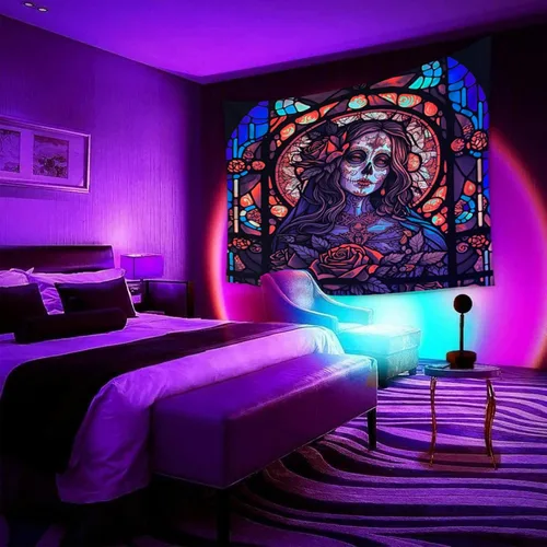 Vista 4 de RILACON Tapiz reactivo con luz negra del Día de los Muertos, tapiz para colgar en la pared, diseño de calavera de rosa y azúcar, póster de esqueleto