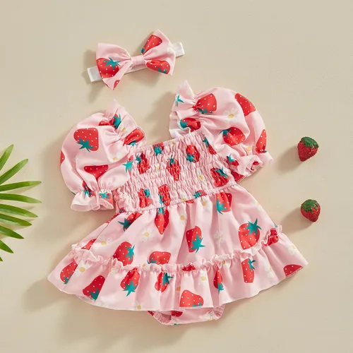 Vista 10 de Mameluco para bebés y niñas de 3, 6, 9, 12, 18 meses, enterizo de manga corta, fruncido, faldas y dobladillo, diadema