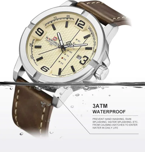 Vista 4 de NAVIFORCE Date Quartz Men Casual Militar Sports Japón Movimiento de cuarzo Relojes de pulsera de cuero genuino plata