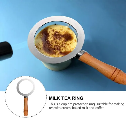 Vista 4 de Cabilock 2 anillos de acero inoxidable para hornear, taza de café con leche tostada, mango de madera, cubierta de junta para té, postre, tienda