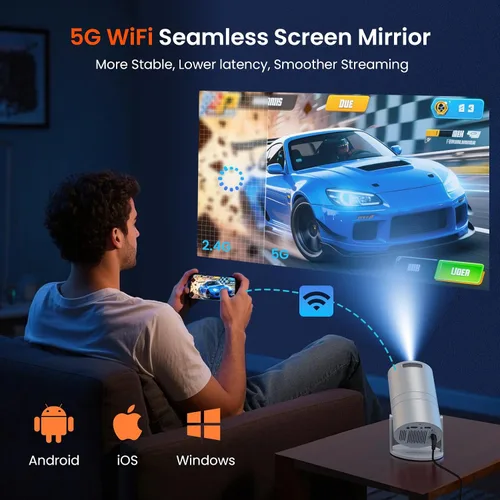 Vista 2 de Mini proyector con WiFi y Bluetooth, proyector de películas portátil con rotación de 180°, compatible con HD de 1080P, Keystone vertical automático