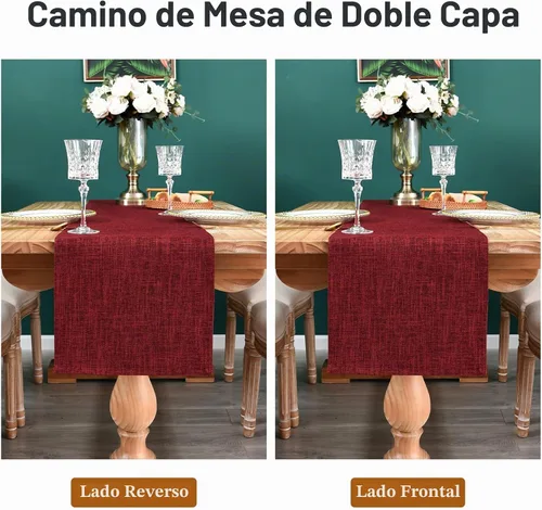 Vista 5 de NEWISHER Camino de mesa reversible de doble capa, tela de lino sintético Borgoña