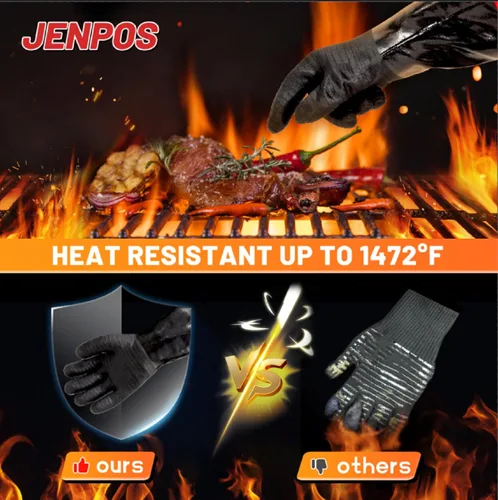 Vista 4 de Guantes de barbacoa – Guantes gruesos resistentes al calor de 1472 °F con gancho en S, guantes de horno de cocina de 14 pulgadas, guantes