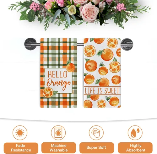 Vista 7 de Seliem Hello Orange - Juego de 2 paños de cocina de primavera y verano, Life is Sweet Mandarina y cítricos, toallas de mano para secar y hornear, a