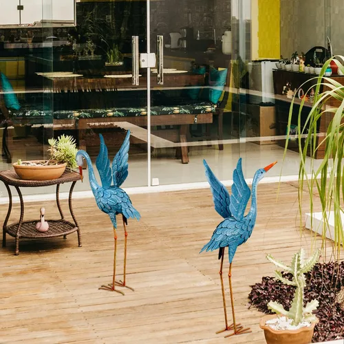 Vista 5 de XONOR Estatuas de jardín de grúa para exteriores, escultura de señuelo de garza azul, estatuas de pájaros de metal para patio trasero, estanque