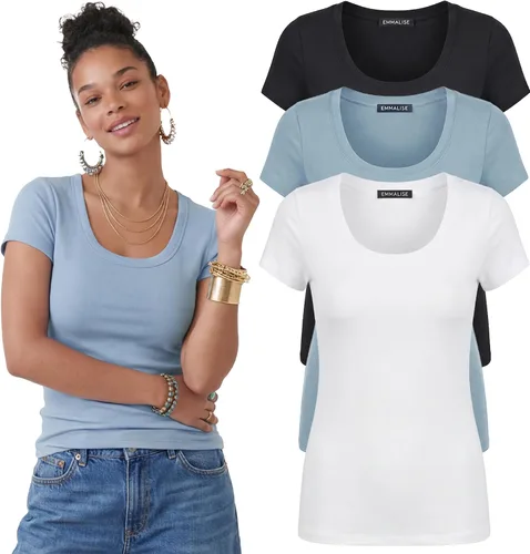 Vista 133 de Emmalise - Camiseta de manga corta para mujer, cuello redondo, estilo básico, pack de valor, tallas junior y grandes
