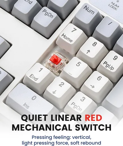Vista 2 de Perixx PERIBOARD-108M, teclado mecánico USB de tamaño completo con cable - Interruptor lineal rojo - Color clásico retro gris/blanco - Inglés de EE.