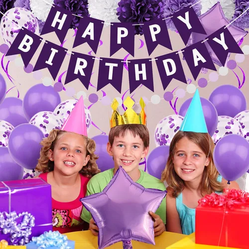 Vista 6 de Decoraciones de fiesta moradas con pancarta, suministros de compromiso, aniversario y cumpleaños para mujeres y niñas Morado