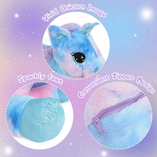 Vista 4 de Muiteiur Animal de peluche de unicornio de 31.6 pulgadas, unicornio de peluche grande para niñas, almohada de felpa suave, regalos para niñas y Azul
