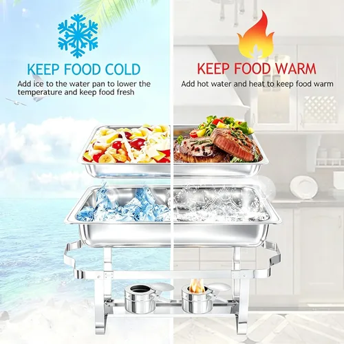 Vista 4 de Recipientes Calentadores para Buffet Paquete de 4, Juego de Recipientes Calentadores de Buffet de Acero Inoxidable de 9 Cuartos con Marco Plegable