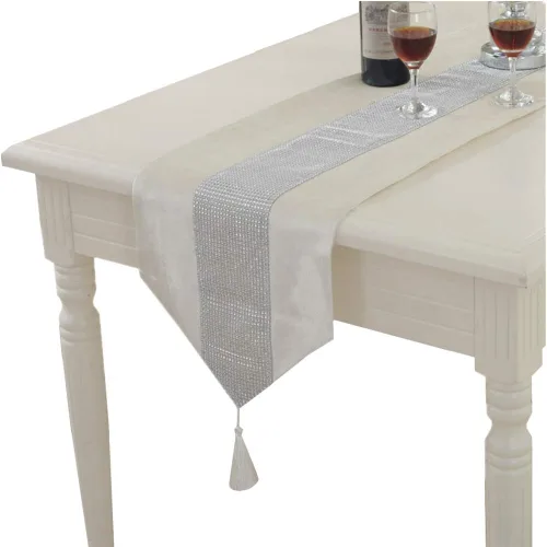 Vista 6 de TM - Camino de mesa para decoración de boda, con tira de diamantes y borlas, 13 x 72 pulgadas