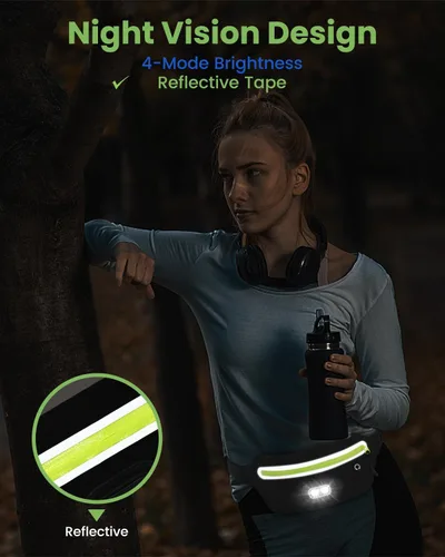 Vista 3 de Riñonera delgada para hombres y mujeres, riñonera con luz nocturna RGB recargable extraíble y cinta reflectante, bolsa para correr con agujero